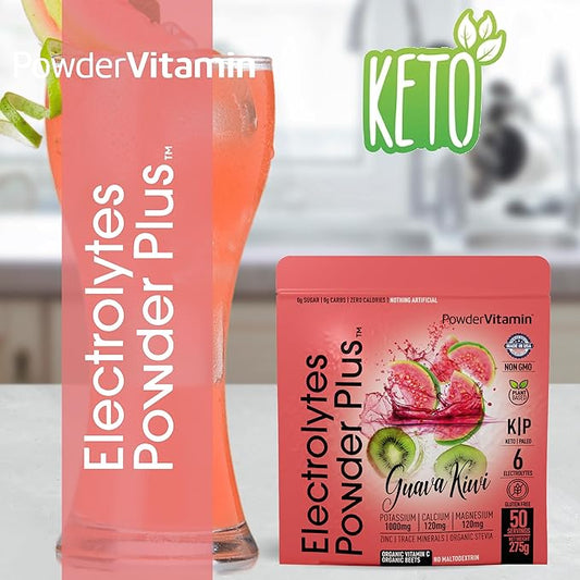 PowderVitamin Electrolytes Powder Plus (50 Servings) Guava Kiwi Electrolyte Powder Zero Calorie Keto, 0 Sugar, No Maltodextrin,1000mg Potassium,120mg Calcium,120mg Magnesium, Hydration Powde
