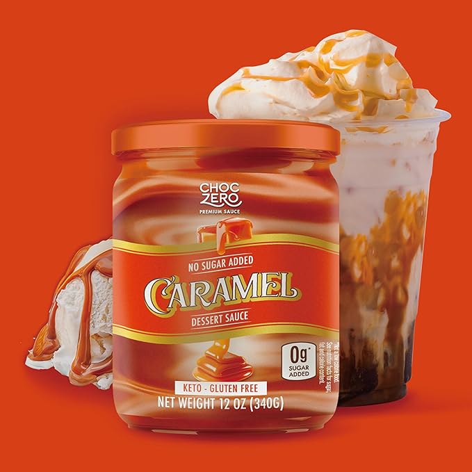 ChocZero Keto Caramel Sauce, No Sugar Added, No Artifical Sweeteners, Low Carb Dessert & Coffee Topping, Gluten Free, 12 oz Jar