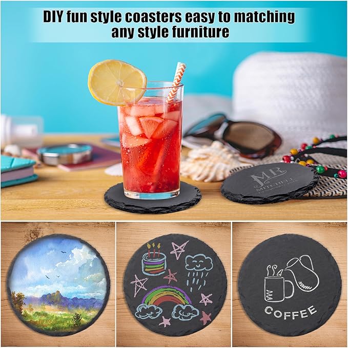 6 Pack Round Slate Drink Coasters, VIBRATITE 4 Inch Black Slate Stone Coasters Bulk Cup Coasters Laser Engraving Blanks with Anti-Scratch Bottom for Drink Coffee Bar Kitchen Home Decor