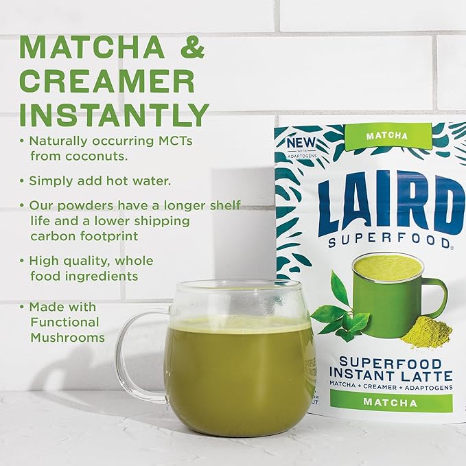 Laird Superfood Matcha Instant Latte with Adaptogens - Matcha Latte Green Tea Powder Packed with Antioxidants and Superfood Coconut Creamer - Gluten Free, Non-GMO, Vegan, 8 oz. Bag, Pack of 1