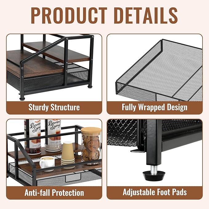 Alyoen Coffee Syrup Organizer Rack, 3-Tier Coffee Station Organizer for Countertop, Coffee Bar Organizer with 35K Cup Storage Basket, Coffee Syrup Holder Stand for Coffee Bar Accessory, Syrup - Wine