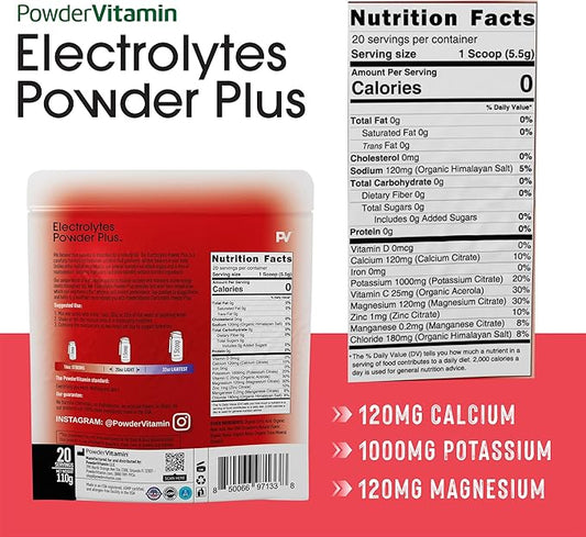 PowderVitamin Electrolytes Powder Plus (20 Servings) Strawberry Electrolyte Powder, No Maltodextrin, Keto,Sugar Free,Pink Himalayan Salt,1000mg Potassium,120mg Calcium,120mg Magnesium,Hydration Powder