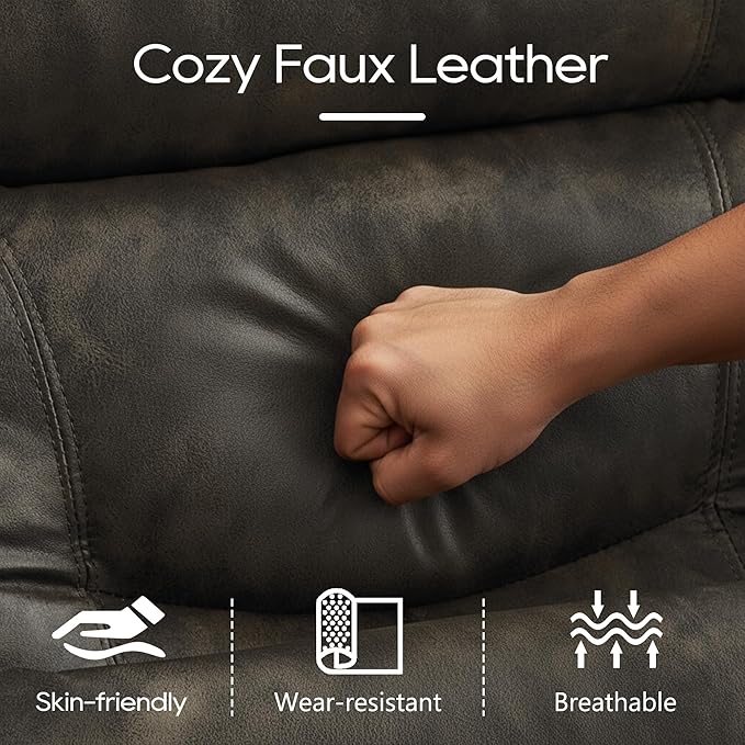 DRMBOOK RV Loveseat Recliner Sofa with Console, Faux Leather Double Wall Hugger Reclining Couch Manual Home Movie Seating 2 Person Recliner Chair with Cup Holders/Storage/Pocket/Pillow, Black&Grey