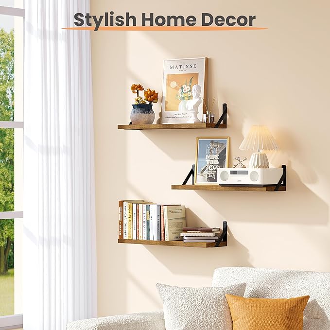 upsimples Floating Book Shelves for Wall, 23.6 Inches Floating Wood Shelves for Living Room, Laundry Room, Bedroom, Office Organizer and Storage, Brown