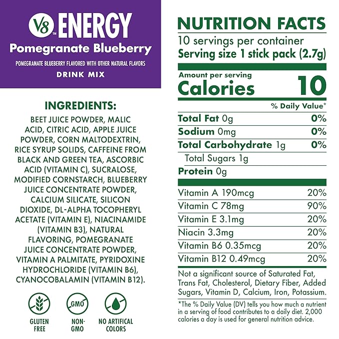 V8 Energy Pomegranate Blueberry Energy Drink Powder, .10 oz Packet (10 Count) (Pack of 2)