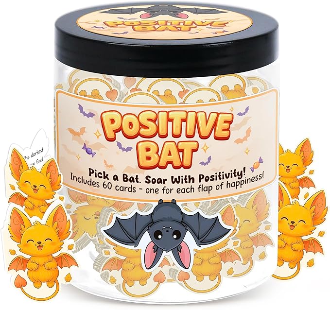 Positive Bat Jar with 60 Daily Affirmation Cards, Emotional Support Bat, Gift for Coworkers, Teacher or Adult Gifts, College Student Gifts, Bat Decor, Office Desk Accessories