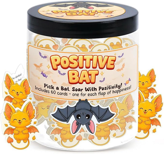 Positive Bat Jar with 60 Daily Affirmation Cards, Emotional Support Bat, Gift for Coworkers, Teacher or Adult Gifts, College Student Gifts, Bat Decor, Office Desk Accessories