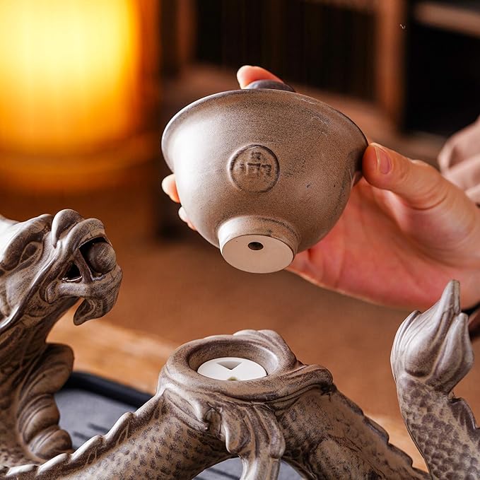 Ceramic Teapot with Infuser Semi Automatic Tea Set Magic Teapot with 8 cups Gradient Color (Retro Dragon- A)