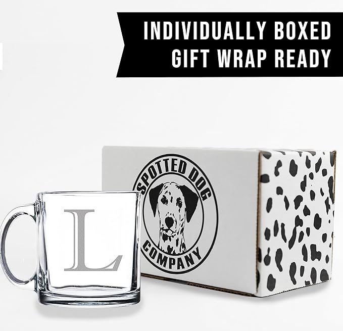 Spotted Dog Company Etched Monogram 12oz Clear Glass Coffee Mug (Letter L), A-Z Customized Coffee Gifts, Custom Engraved Gifts for Women Her, Personalized Gift for Men, Initial