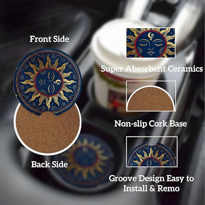 Car Cup Holder Coasters, 2 Pcs Ceramic Coasters with Finger Slot and Cork Back, Anti-Slip Shock Absorbing Women and Men Universal Car Accessories - Art Sun