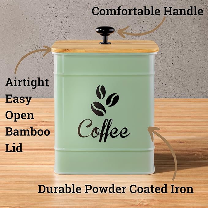 Airtight Coffee Canister - 40 oz Large Iron Sage Green Container Airtight - 6 x 8 inch Metal Jar - Stylish Countertop Container for Coffee Grounds, Beans & Pods with Rubber-Lined Bamboo Lid