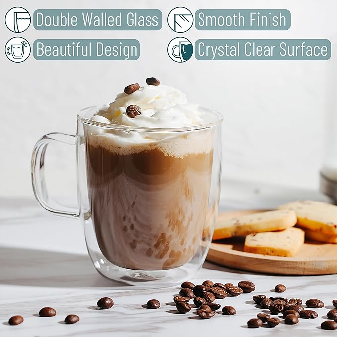 BTaT- Double Walled Glass Coffee Mugs, 12 oz, Set of 6, Glass Coffee Cups with Handle, Insulated Clear Coffee Mug for Hot and Cold Beverages, Cappuccino, Latte, Tea, Americano, Microwave Safe