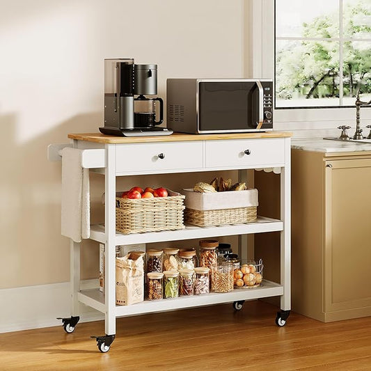 Gizoon Kitchen Island Cart on Wheels with 40'' Wood Tabletop, 2 Open Tiers Spacious Storage Shelves and Towel Rack, Rolling Utility Cart with 3 Side Hooks and 2 Drawer for Dining Room, Bar, White