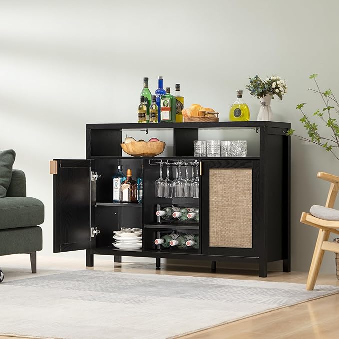 SICOTAS Rattan Coffee Bar Cabinet, 51" Sideboard Buffet Cabinet with Storage, Modern Liquor Cabinet with Wine Racks Credenza Console Buffet Table for Home Living Dining Room, Black Oak