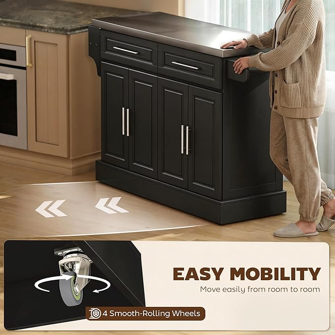 HOMCOM Rolling Kitchen Island Cart with 47" Stainless Steel Top, Portable Island Table for Kitchen with Wheels, Adjustable Shelves, 2 Drawers, Spice, Knife and Towel Rack, Black