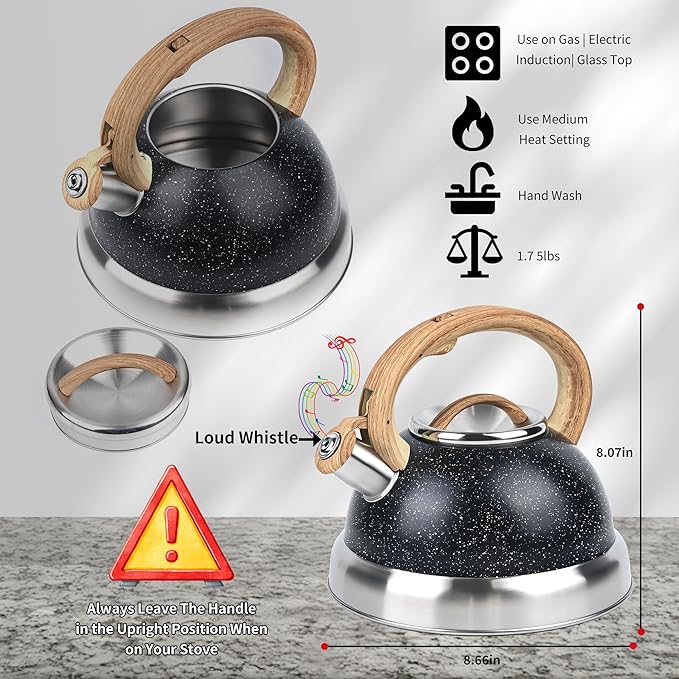 3 Quart Stainless Steel Whistling Tea Kettle – Natural Stone Finish Teapot with Cool-Touch Wood Handle, Loud Whistle & Rust-Resistant Base(black)