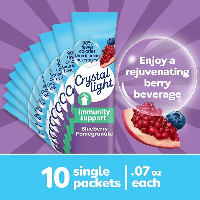 Crystal Light Pure Immunity Blueberry Pomegranate Drink Mix, 10 ct On-the-Go Packets (Pack of 5)