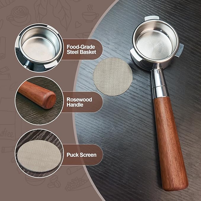stochastic box 54 mm Bottomless Portafilter with Puck Screen, 3 Ears Espresso Portafilter Compatible with Breville Barista BES870XL Express Machines,Stainless Steel Porta filter and Rosewood Handle