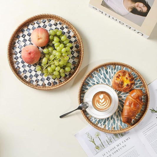 Round Rattan Tray with Mother of Pearl Inlay, Decorative Wicker Serving Tray with Wooden Base, Woven Basket Trays for Bread Fruits Coffee, Checkered