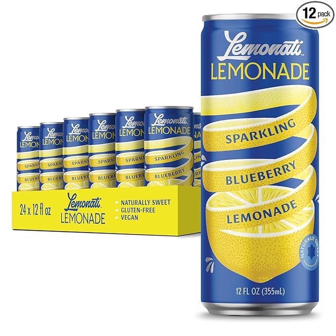 Lemonati Sparkling Lemonade, No Artificial Sweeteners or Flavoring, Gluten-Free, Kosher, Non-GMO, Vegan, 12 Fl Oz Slim Cans (12 Fl Oz (Pack of 24), Blueberry Lemonade)