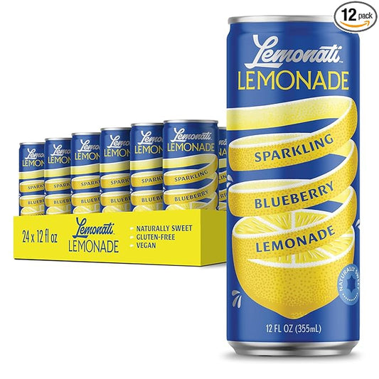 Lemonati Sparkling Lemonade, No Artificial Sweeteners or Flavoring, Gluten-Free, Kosher, Non-GMO, Vegan, 12 Fl Oz Slim Cans (12 Fl Oz (Pack of 24), Blueberry Lemonade)