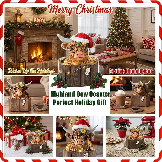 Cabin Coasters Set 6 Full Size Non-Slip Bar Coasters, Indoor Christmas Decorations, Man Cave Gifts for Men, Rustic Handmade Decor for The Home (Highland Cattle)