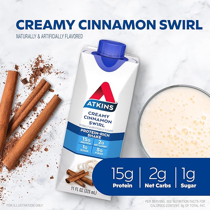 Atkins Creamy Cinnamon Swirl High Protein Shake,15g Protein,Keto-Protein Shake,2g Net Carb,1g Sugar,Low Sugar and Low Carb,Breakfast-Protein Shakes,(Pack of 24)
