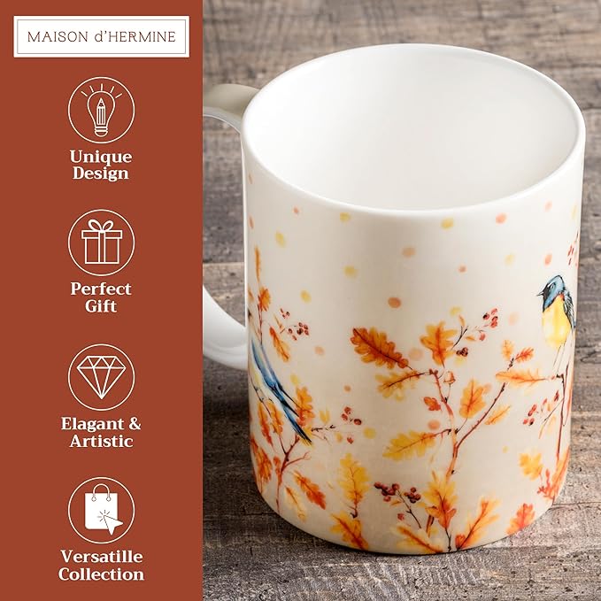 Maison d' Hermine Coffee Mug with Handles Fine Bone China Mugs Pack of One Tea Cups for Hot Beverages Cappuccino Latte Home Restaurant Office Perfect for Gift (Oak Leaves - Jaya & Friends, 12 Ounce)
