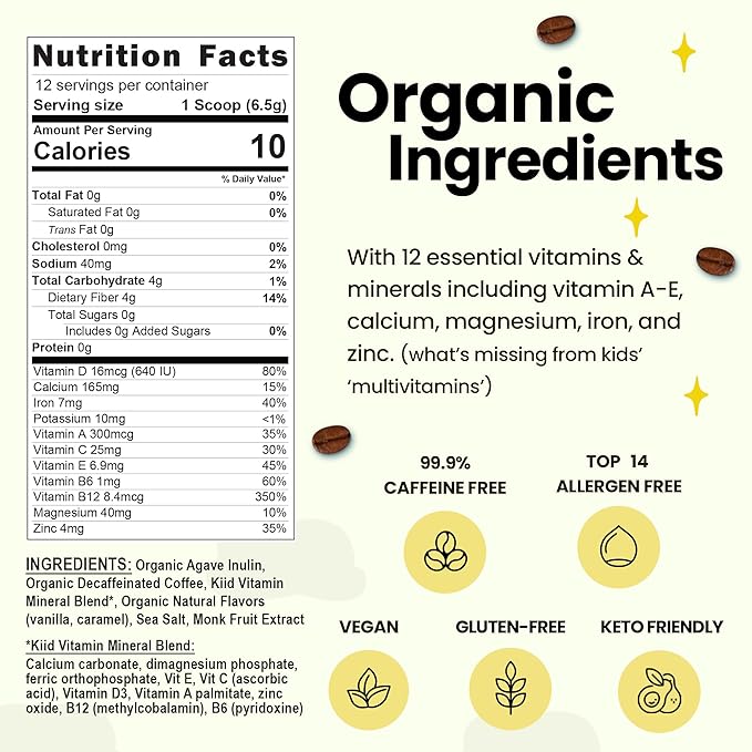 Kiid Coffee - 99.9% Caffeine-Free Organic Coffee for Kids - As Seen on Shark Tank - 12 Vitamins & Minerals, 4g Prebiotics, 0g Sugar - Non-GMO & Gluten-Free - Healthy Snack - Caramel - 12 Servings
