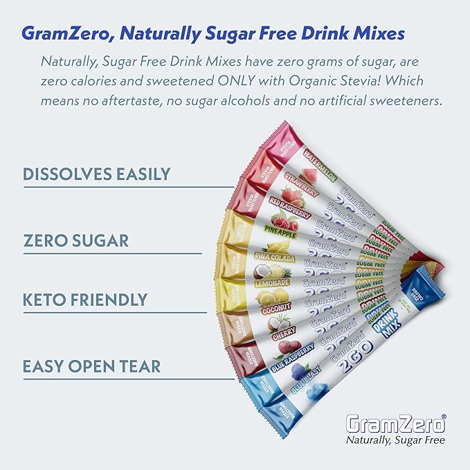 GramZero 2GO Sticks - Variety Pack, Zero Calorie Sugar Free Drink Mix, Stevia Sweetened, Great For Nutrition Club Loaded Tea To Go Kits