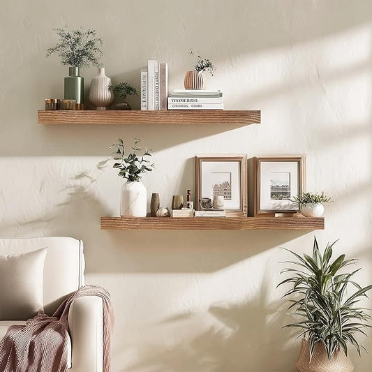 Floating Wall Shelves 30x6.8x1.7 Inch – Solid Wood Rustic Shelves in Dark Oak Finish – Wall Mounted Heavy Duty Display Shelf for Kitchen, Bedroom, Living Room – Set of 2