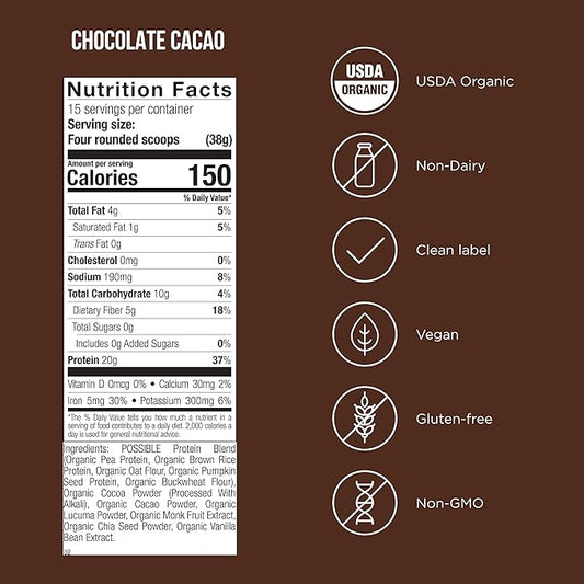 Protein Powder Chocolate Cacao - 20g of Vegan, Plant-Based Protein Mix - Non-GMO, Non-Dairy, Gluten-Free - 3.5g of BCAAs - 9 Essential Amino Acids - 30-Day Supply - 2 Bag, 30 Servings