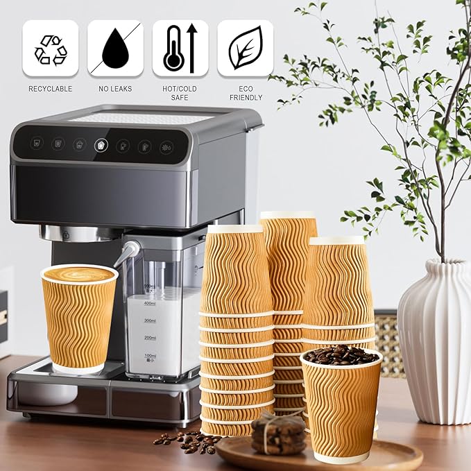 BYSNOW 100 Pack 12 oz Disposable Paper Coffee Cups, Leak Proof Insulated Ripple Wall Hot Cups for Espresso, Coffee, Tea, Hot Chocolate, To Go Drinks (Home, Office, Cafe Bar)