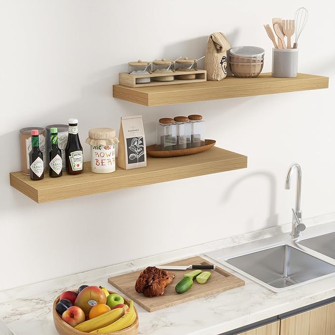 Fun Memories Floating Shelves for Wall 36 Inches, Wood Shelves with Invisible Bracket, 10" Deep Shelves Wall Mounted, Large Wood Floating Shelves for Living Room Bathroom, Oak, Set of 2