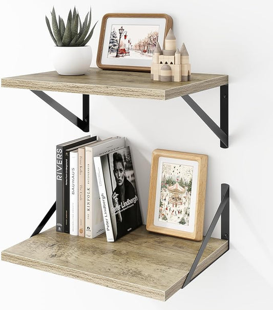 Deep Floating Shelves Wall Mounted, 16"x12" Gray Wall Shelves with Brackets Set of 2 for Bedroom, Living Room, Bathroom, Kitchen, Office - Storage & Display Shelf for Decor, Books, Plants