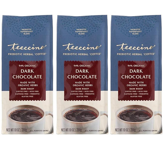 Teeccino Dark Chocolate Prebiotic SuperBoost™ Coffee Alternative - 10 Ounce - Support Probiotics with Caffeine-Free Herbal Coffee Featuring 3 Vegan Prebiotics for Gut Health, (Pack of 3)