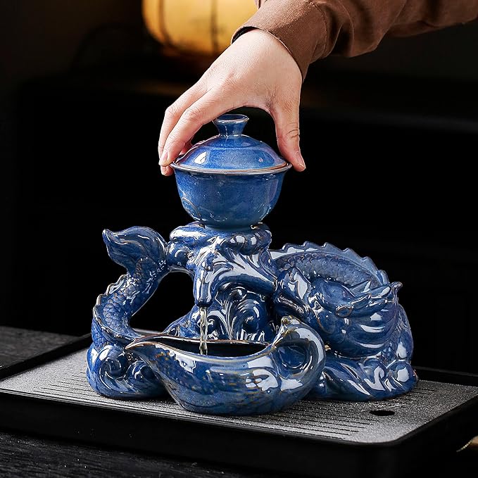 Semi Automatic Tea Set Ceramic Teapot with Infuser Magic Teapot with 8 cups (Blue Dragon- D)