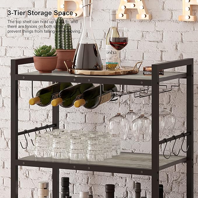 TUTOTAK Bar Cart - Serving Cart for Home - Microwave Cart, Drink Cart, Mobile Kitchen Shelf with Wine Rack and Glass Holder, Rolling Beverage Cart BC01BG030