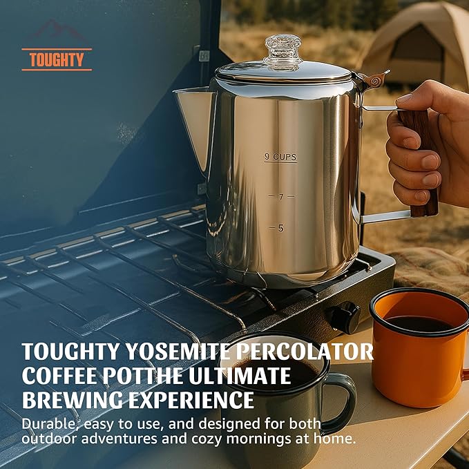 Toughty Yosemite Percolator Coffee Pot – Classic Stovetop Coffee Maker for Camping, Hiking & Home, Durable Stainless Steel Pot, Compatible with All Stovetops – Old-Fashioned 9-Cup Percolator, Silver