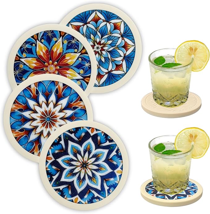 Indigo Floral Non-Slip Silicone Coasters, 4-Pack Double-Sided Absorbent Cup Mats for Hot & Cold Drinks, Scratch & Water Ring Protection for Wood Tables, Home Office Bar Use (4PC Wanda La)