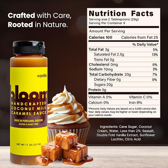 Bloom Caramel Vanilla Coconut Caramel Sauce – Vegan, Dairy-Free Dessert Topping, Small Batch Artisanal Quality, Made with Premium Ingredients, Perfect for Coffee, Ice Cream, and Baking – 22oz
