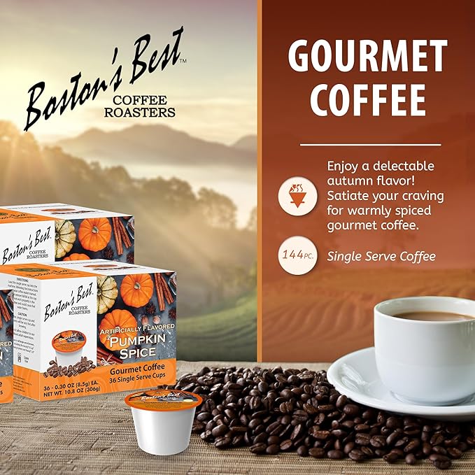 Boston’s Best - Fall-Inspired Pumpkin Spice Coffee, Medium Roast Flavored Gourmet Flavour Compatible with Keurig Coffee Maker, 1 Count (144 Single Serve Cups)