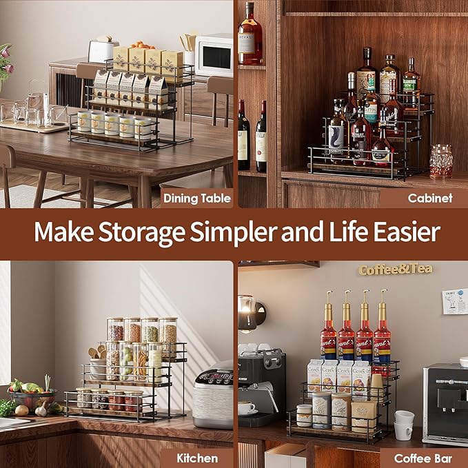 Nuovoware Coffee Syrup Organizer, 3-Tier 12 Bottles Bar Organizer, Separable Metal Rack with Wooden Base Whiskey Wine Dressing for Countertop Kitchen Coffee Bar, Black