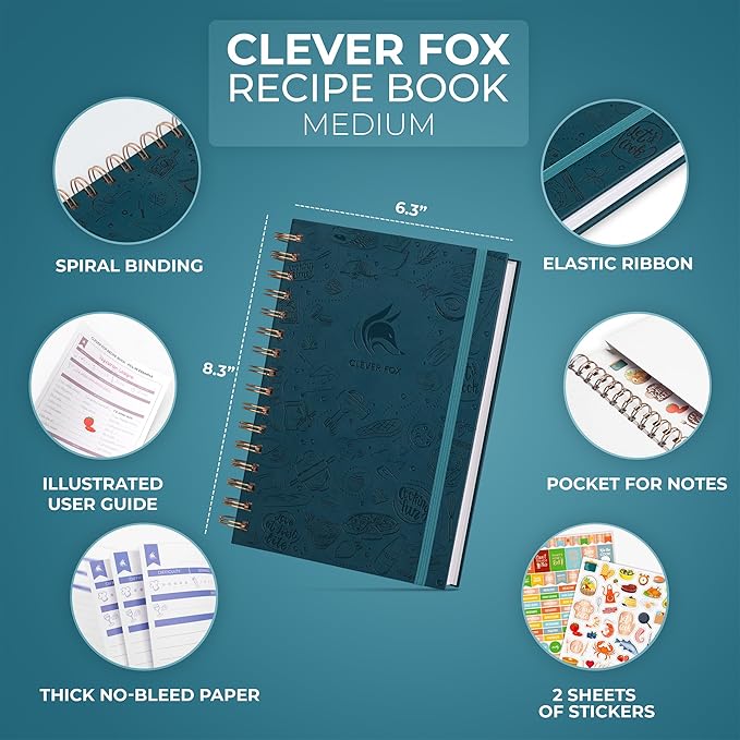 Clever Fox Recipe Book Spiral – Make Your Own Family Cookbook – Blank Recipe Notebook Organizer – Empty Cooking Journal to Write in Recipes – Medium Size, 6.3”x8.3”, Hardcover (Dark Teal)
