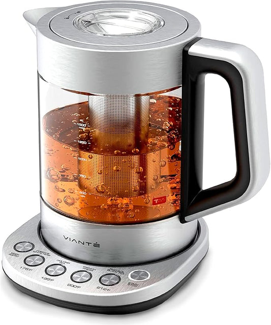 Vianté Electric Kettle With Infuser. No Plastic In Contact With Water. Hot Tea Maker With Temperature Control And Automatic Shut Off. Tea Kettle With Brewing Programs. 1.5 Liters Capacity