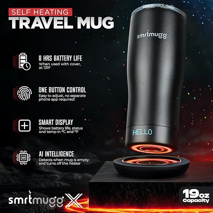 X Heated Coffee Mug 19 oz., 8 Hour Battery Life, Self-Heating, Adjustable Temp Controlled, LCD Screen, One Button Temperature Adjustment, Includes Cover with Magnetic Slider (Black) (Black)