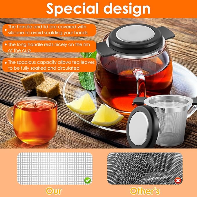 2 Pcs Tea Strainers for Loose Tea Stainless Steel Tea Steeper Large Capacity Tea Infuser Fine Mesh Tea Diffuser with Silicone Lid and Heat Proof Double Handles for Teapots Cups Mugs