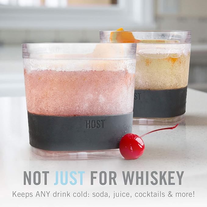 Host Whiskey Freeze Glasses, Double Old Fashioned Glasses, Chill Without Dilution for Bourbon, Vodka, Cold Brew Cocktails, Bourbon Gifts for Men, Gifts for Dad, Home Bar, 9 oz, Set of 2, Smoke Black
