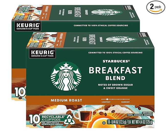 Starbucks Coffee K-Cup Pods, Breakfast Blend Medium Roast, Ground Coffee K-Cup Pods for Keurig Brewing System, 10 CT K-Cup Pods Per Box (Pack of 2 Boxes)