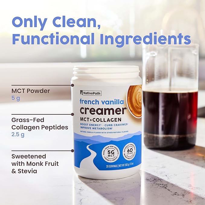 NativePath French Vanilla Keto Coffee Creamer, 20 Servings - Collagen & MCT Oil Powder, Sugar Free, Non-Dairy - Grass-Fed, Monk Fruit Sweetened, Soy & Gluten Free (7.1 oz)